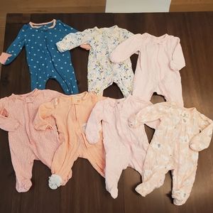 Bundle of 7 size newborn baby Girl's Footed Pajamas